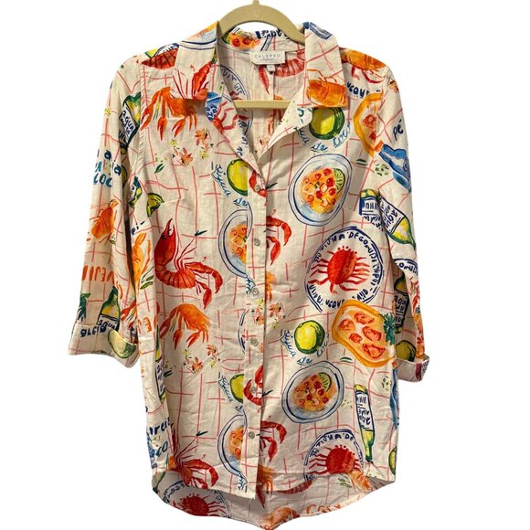 Calypso St. Barth Seafood Print Button-Up Shirt Sz L Linen & Rayon - Picture 2 of 12